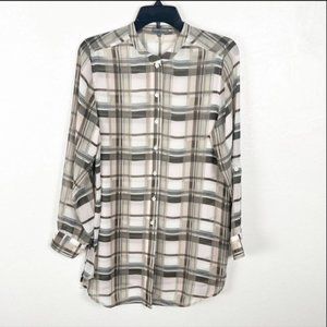 Long Sleeves Plaid High Side SlitsButton Top, Size Small